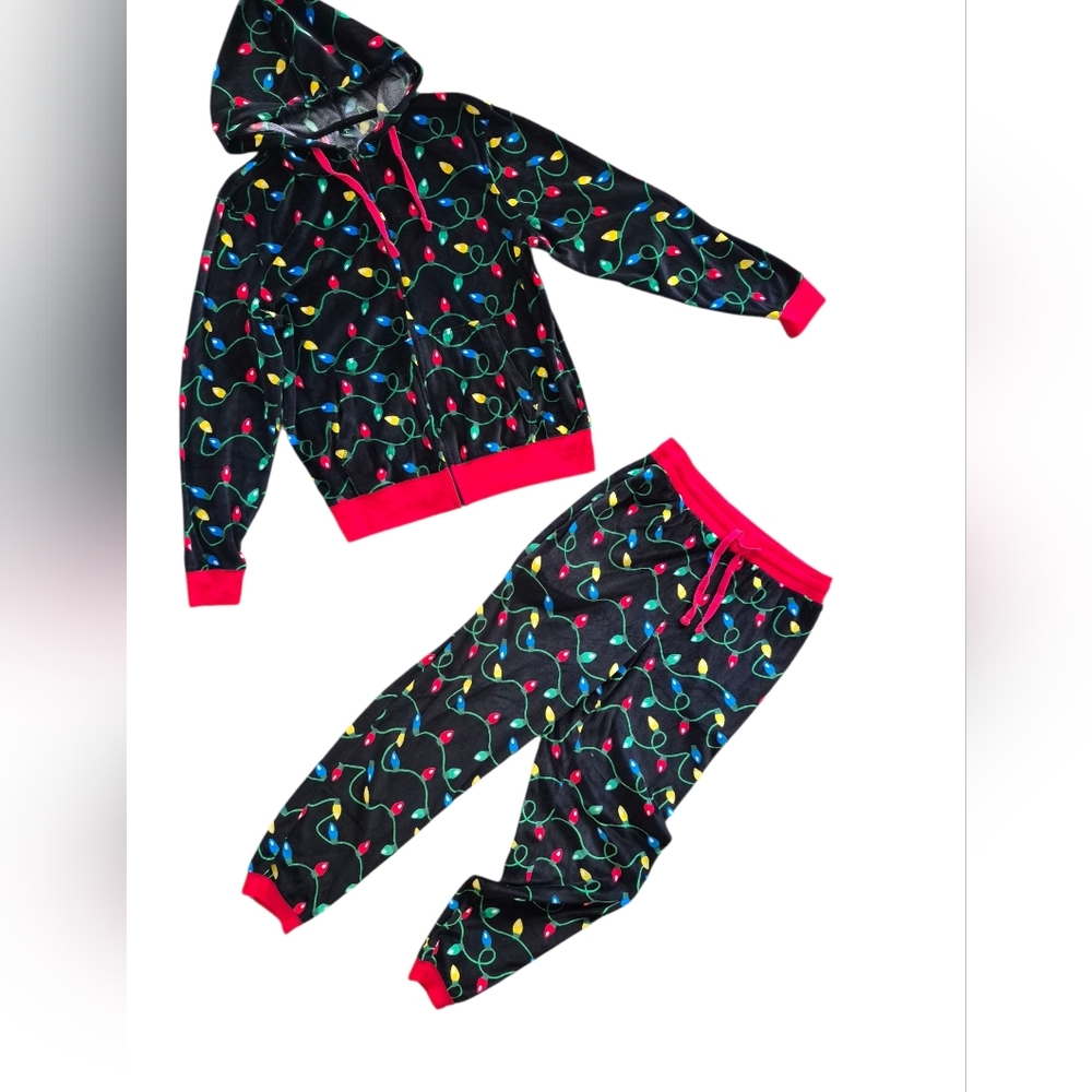 Holiday Colorful Patterned Velour Hoodie and Joggers Set Size L